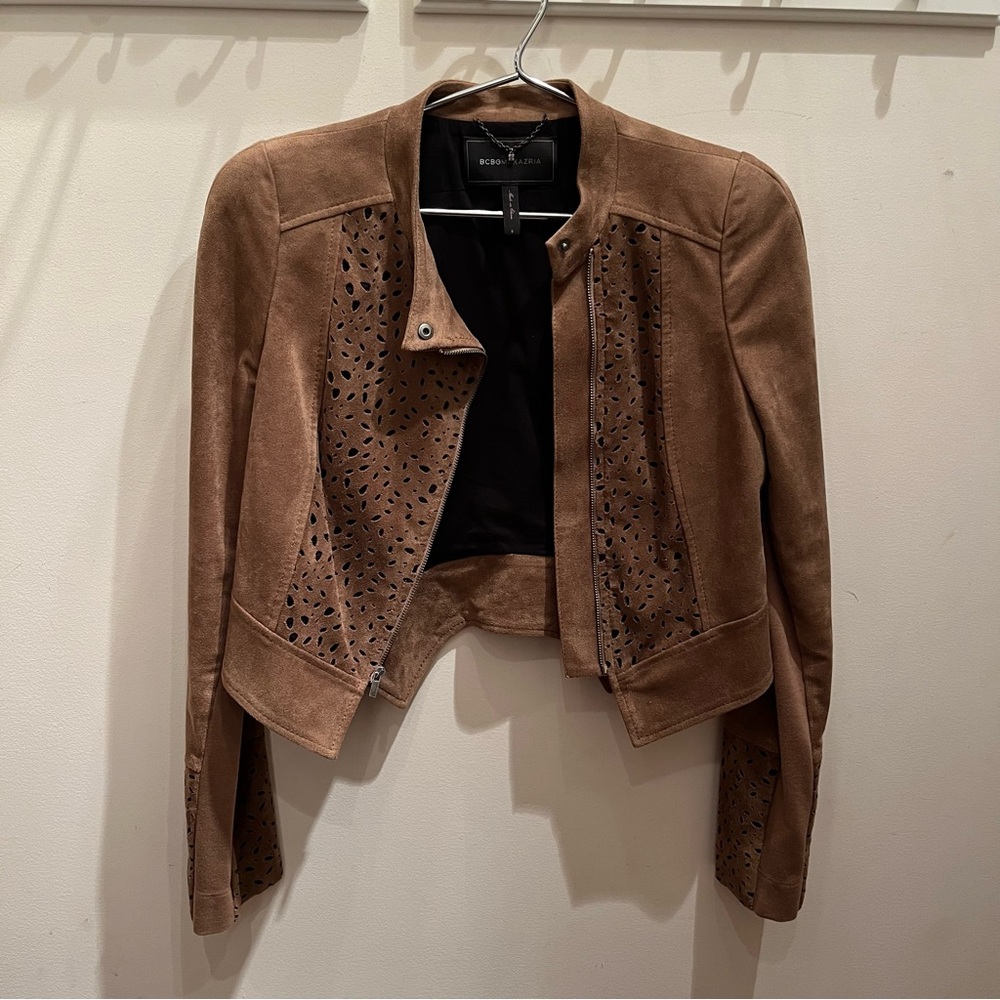 BCBG Skyler Moto Jacket, vegan suede, size S